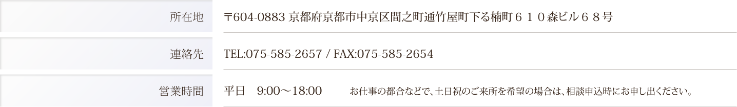 〒604-0883 京都府京都市中京区間之町通竹屋町下ル楠町６１０森ビル６８号 平日　9:00〜18:00　 お仕事の都合などで、土日祝のご来所を希望の場合は、相談申込時にお申し出ください。 TEL:075-585-2657 / FAX:075-585-2654